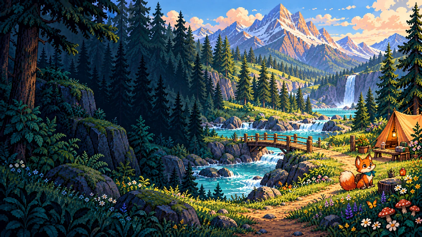 A lush camp beside a river, ready for a small adventure