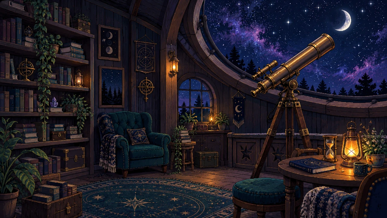 A moonlit observatory with a telescope, lanterns, and a quiet place to sit