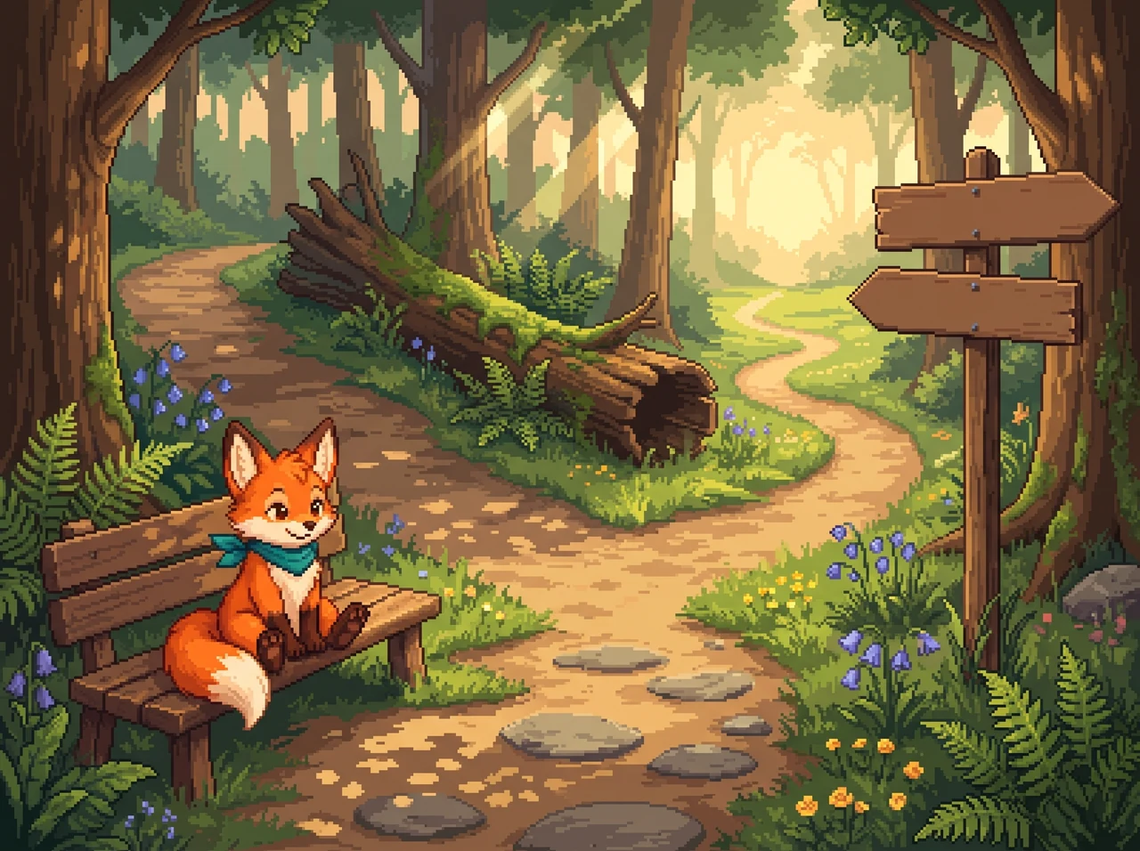 Pip resting on a bench beside a fork in a forest path