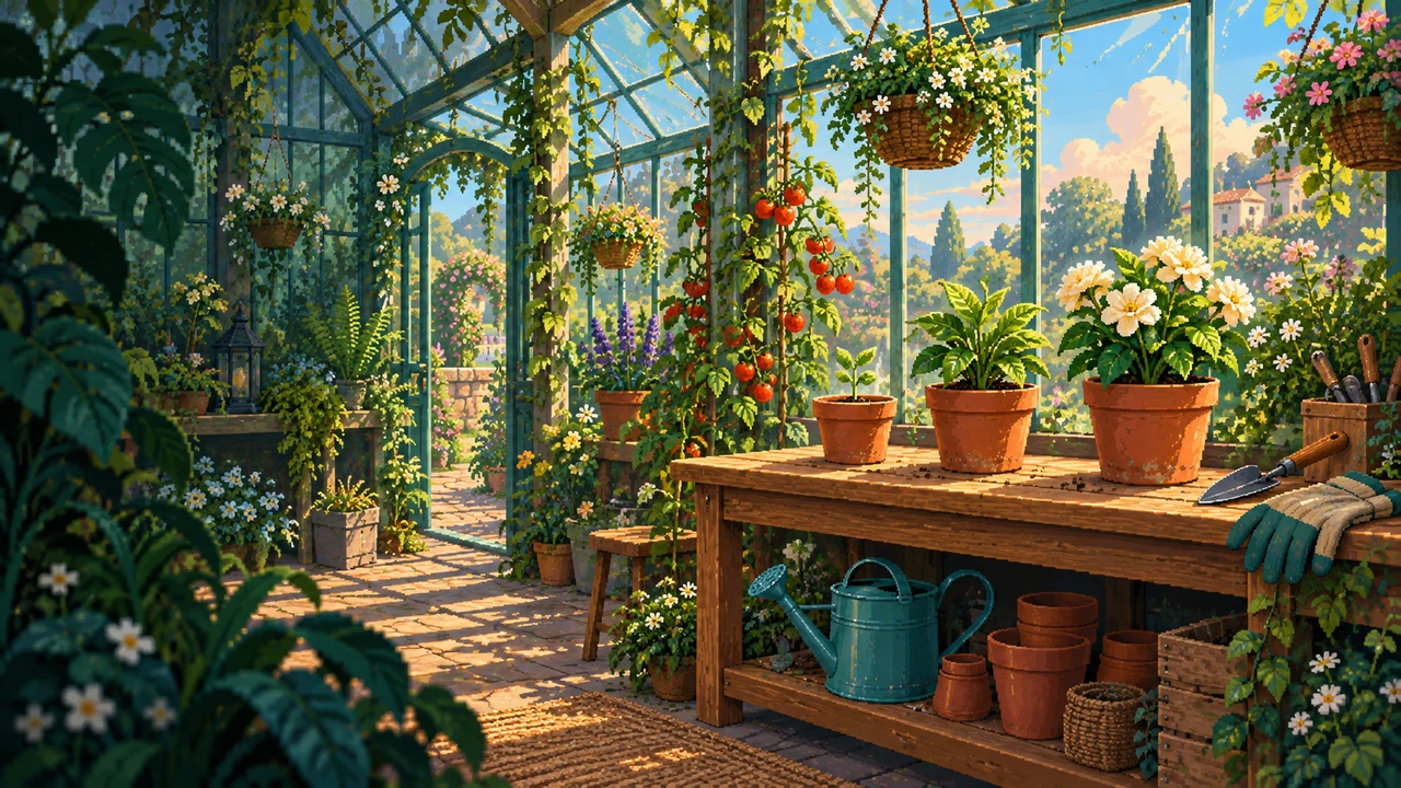 A sunny little greenhouse with growing plants and a potting bench