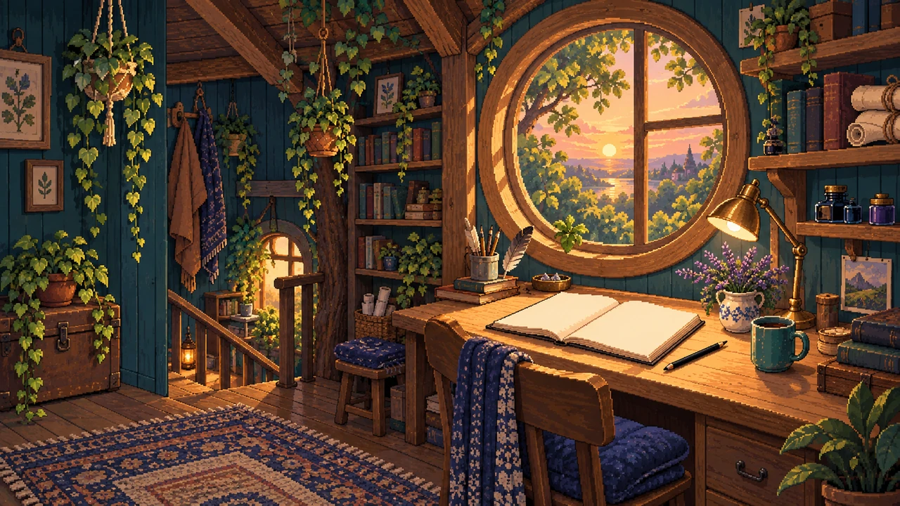 A cozy journal workshop with paper, books, and a warm writing desk