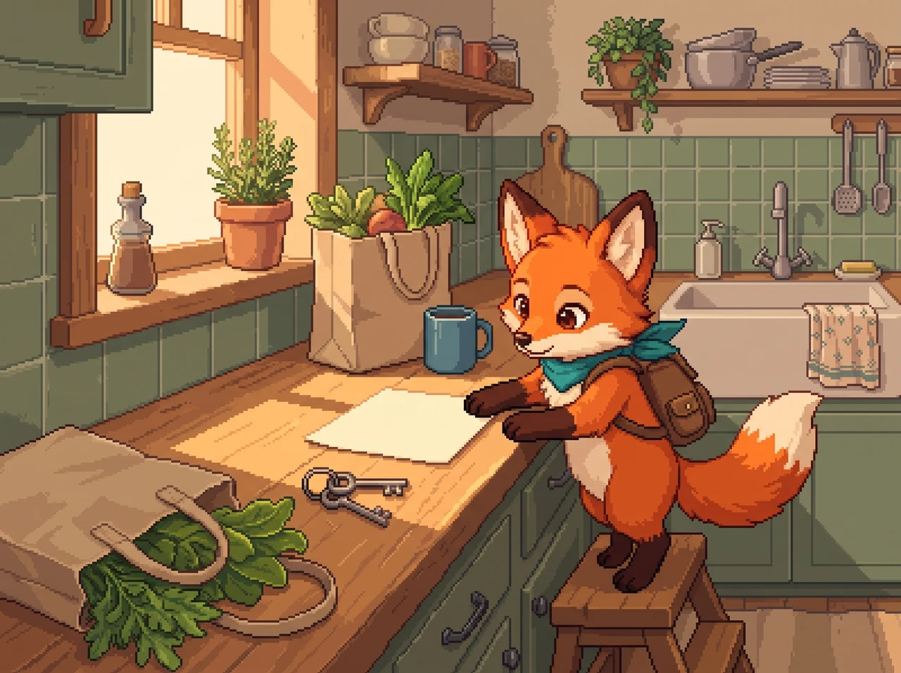 Pip sitting with an open notebook at a kitchen table