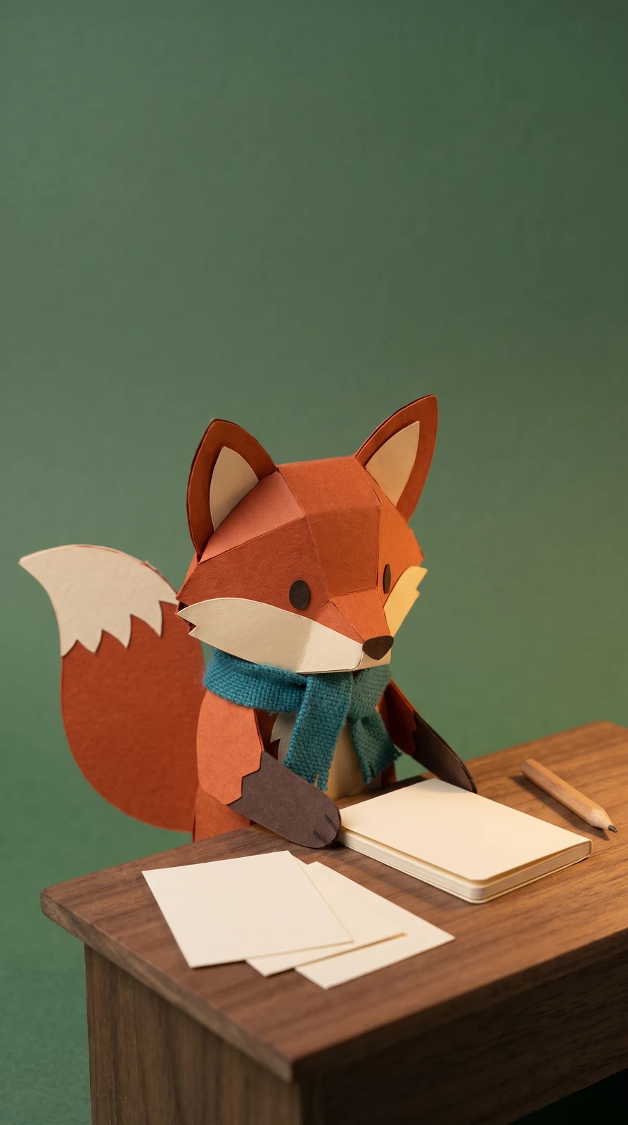 A paper version of Pip in a teal scarf, sitting beside a notebook