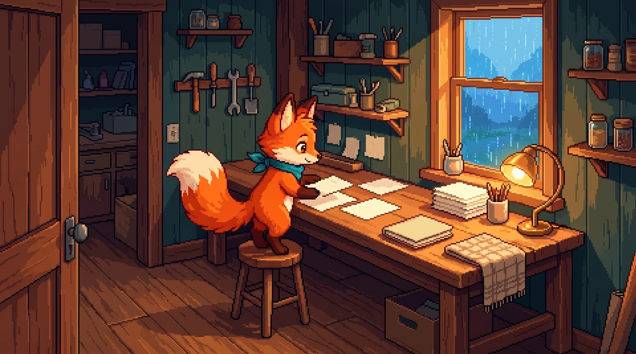 Pip writing in an open notebook at a wooden desk beside a rainy window
