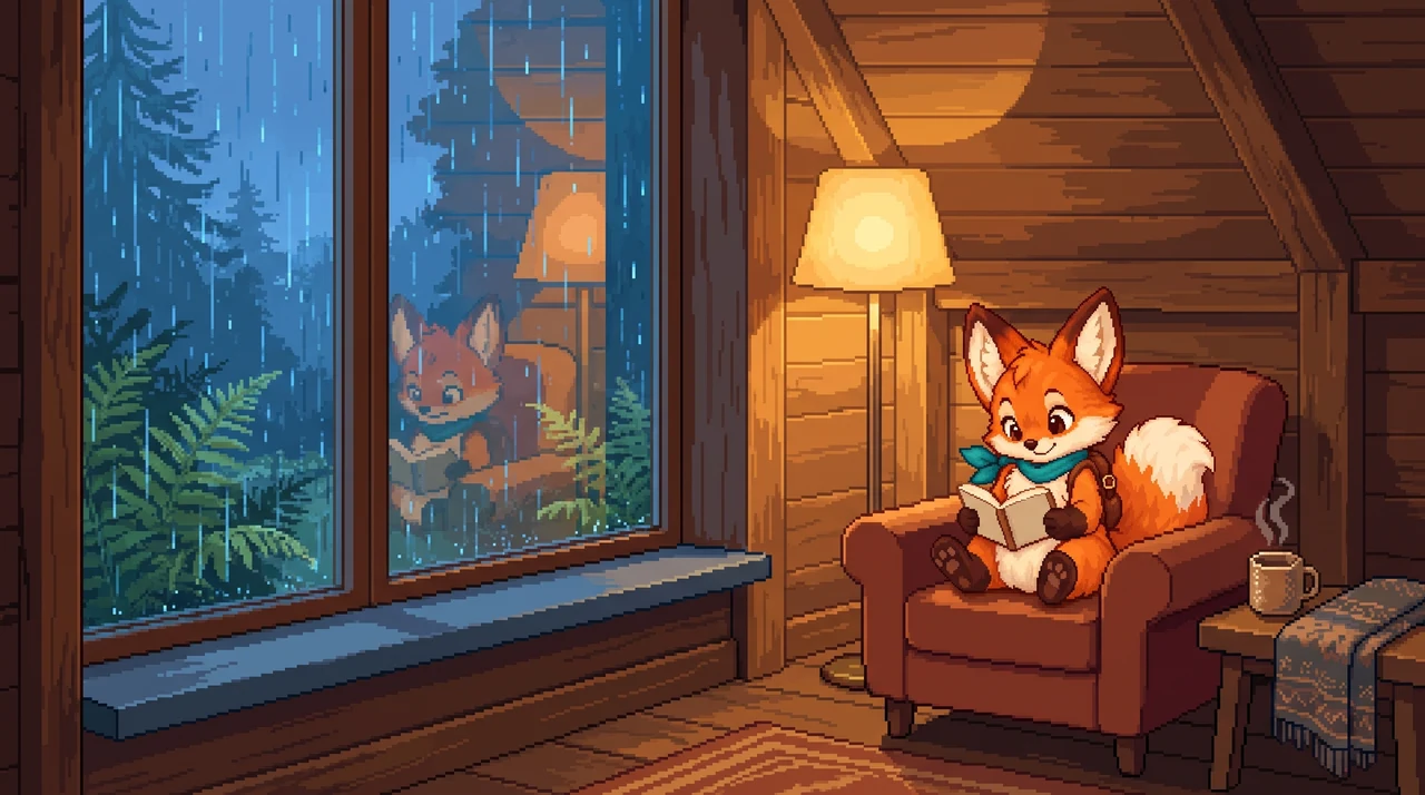 Pip with a book beside a window while it rains outside