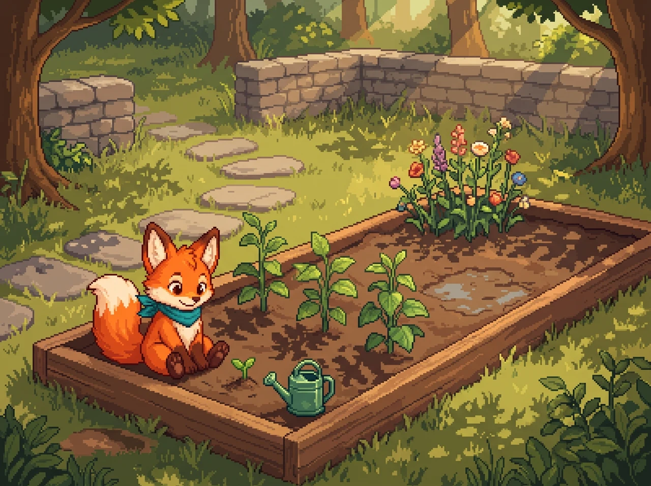 Pip beside a watering can and garden beds with plants at different stages of growth